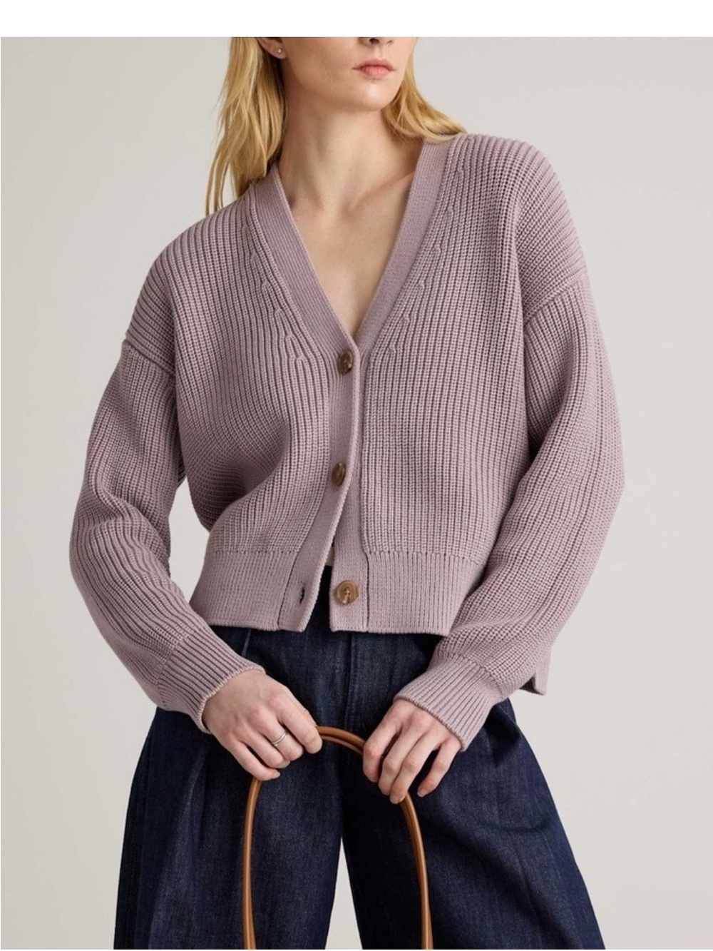 Quince Women Organic Cotton Fisherman Boxy Cropped Cardigan Vintage Rose L NWT!